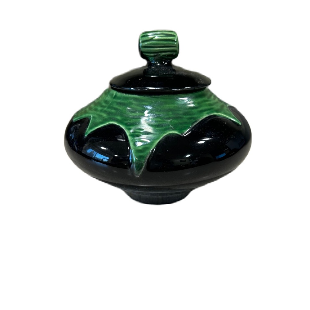 Studio Art Pottery Lidded Jar Abstract Glaze Black Green Signed C Trinket Sugar